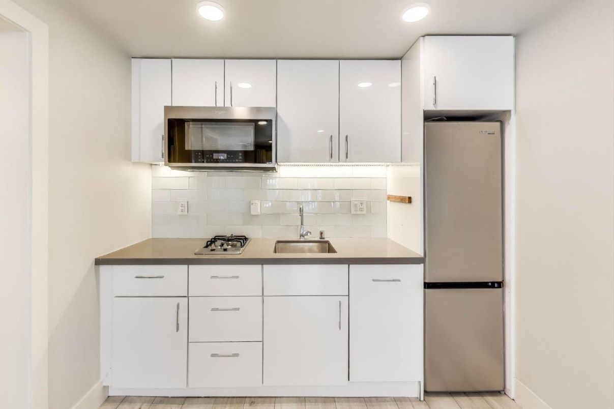 Interior, Kitchen, Recessed Lighting, Stainless Steel Appliances, Wood Texture Flooring