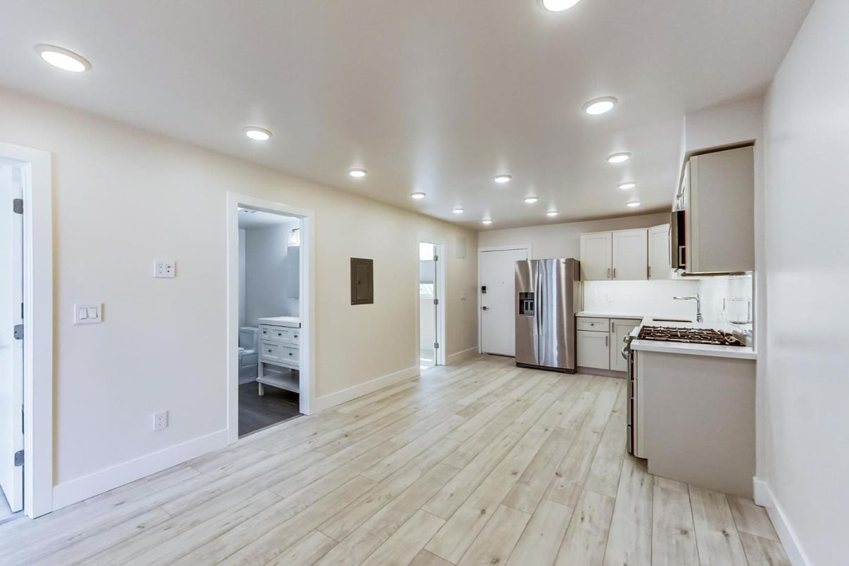 Interior, Kitchen, Recessed Lighting, Stainless Steel Appliances, Wood Texture Flooring