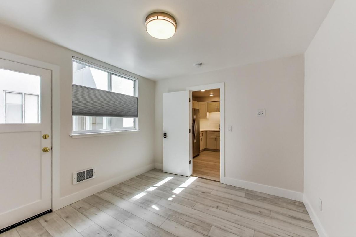 Empty room, Interior, Kitchen, Recessed Lighting, Wood Texture Flooring