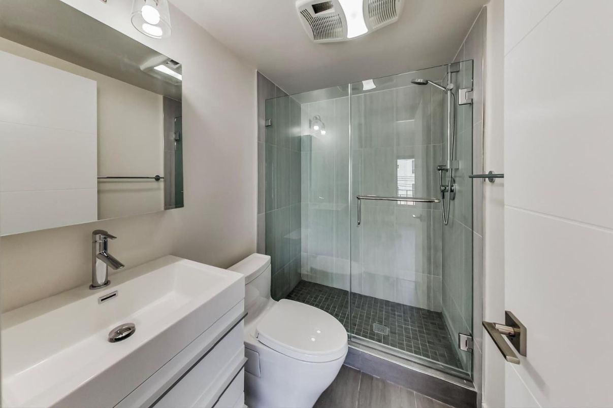 Bathroom, Glass Shower, Interior, Wood Texture Flooring