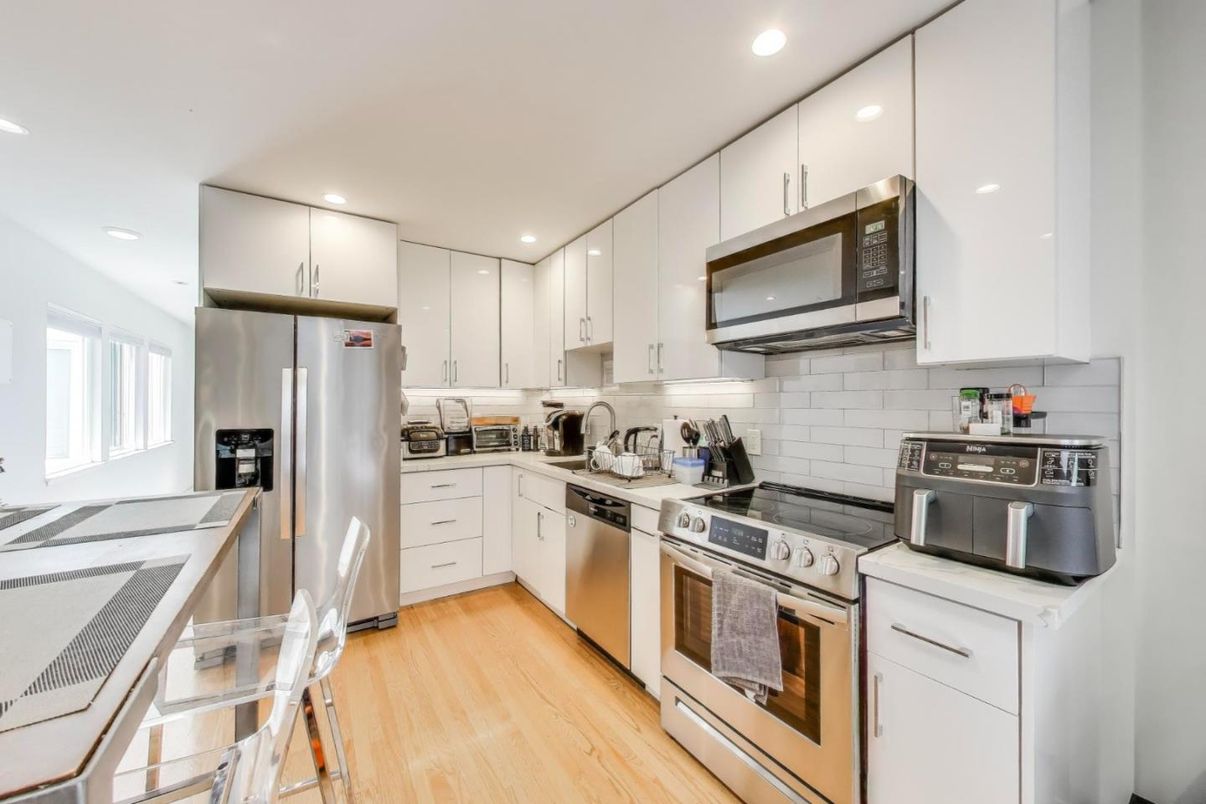 Interior, Kitchen, Recessed Lighting, Stainless Steel Appliances, Wood Texture Flooring