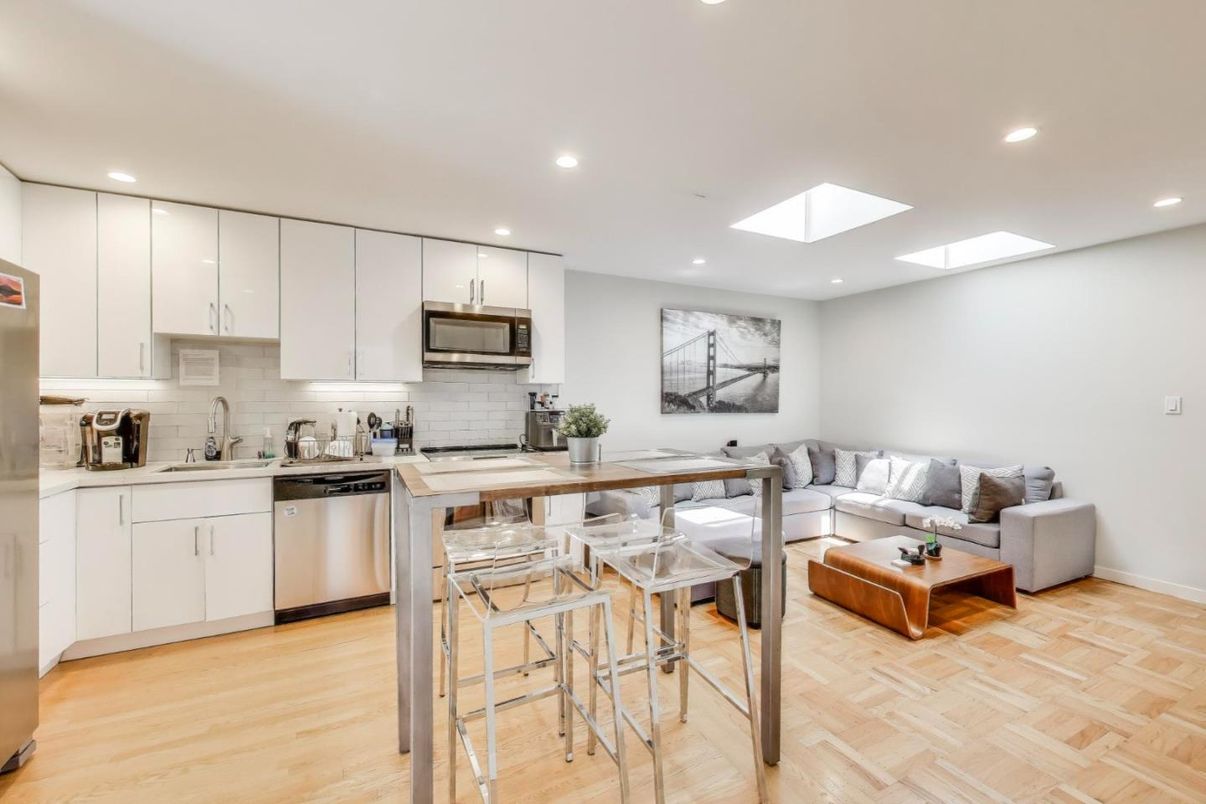 Dining room, Interior, Kitchen, Living room, Recessed Lighting, Stainless Steel Appliances, Wood Texture Flooring
