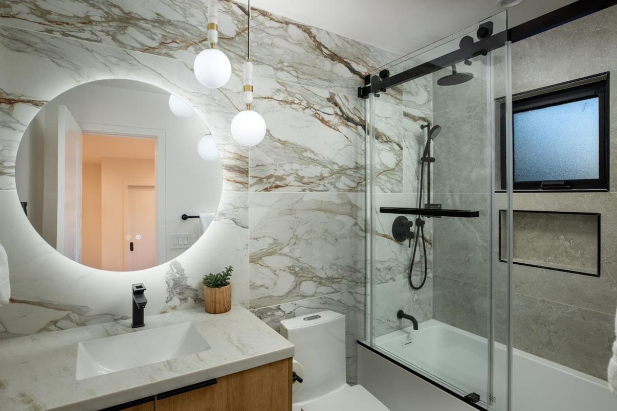 Bathroom, Glass Shower, Interior, Marble Walls, Pendant Lights