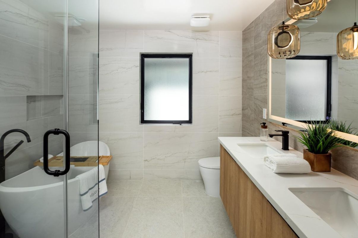 Bathroom, Dual Sink Vanities, Glass Shower, Interior, Marble Walls