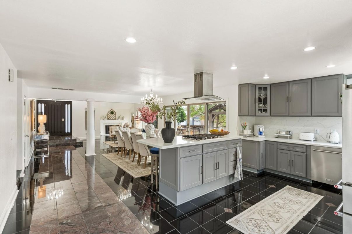 Dining room, Fireplace, Interior, Kitchen, Recessed Lighting, Stainless Steel Appliances
