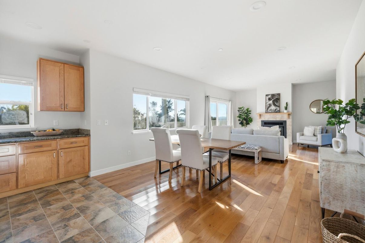 Dining room, Fireplace, Interior, Living room, Recessed Lighting, Wood Texture Flooring