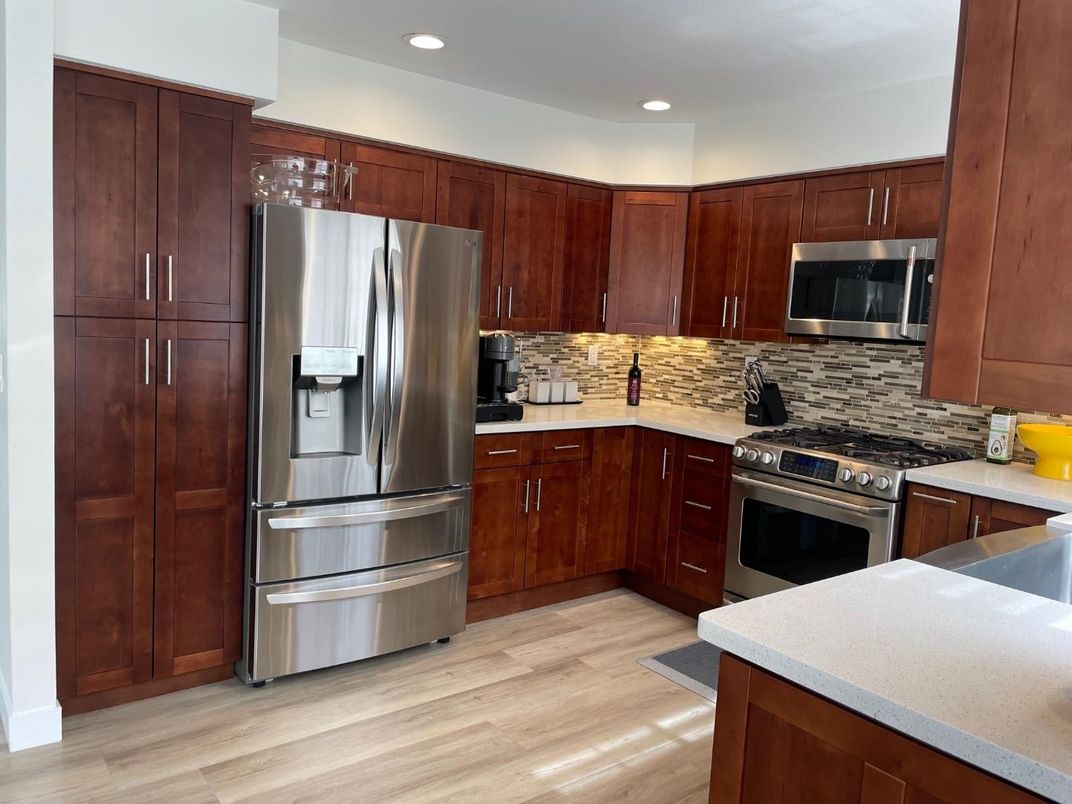 Interior, Kitchen, Recessed Lighting, Stainless Steel Appliances, Wood Texture Flooring