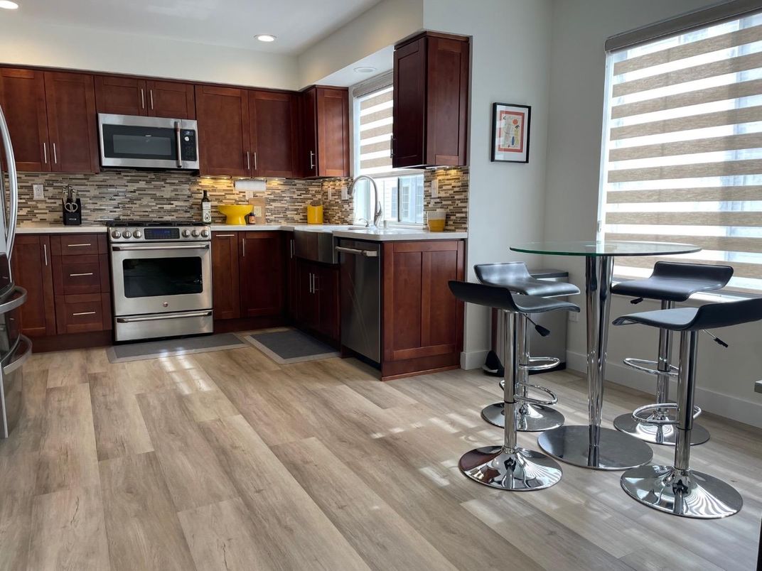 Interior, Kitchen, Recessed Lighting, Stainless Steel Appliances, Wood Texture Flooring