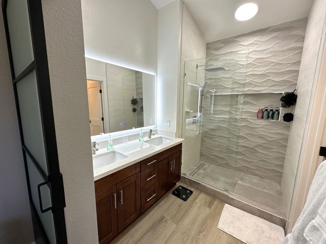 Bathroom, Glass Shower, Interior, Recessed Lighting, Wood Texture Flooring