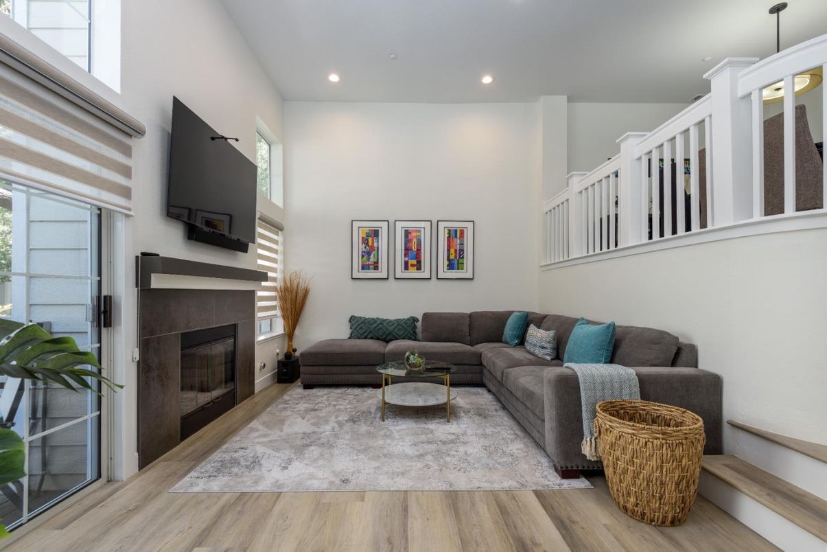 Fireplace, Interior, Living room, Recessed Lighting, Wood Texture Flooring