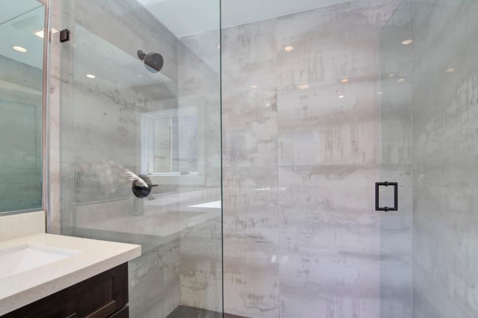 Bathroom, Glass Shower, Interior, Marble Walls, Recessed Lighting