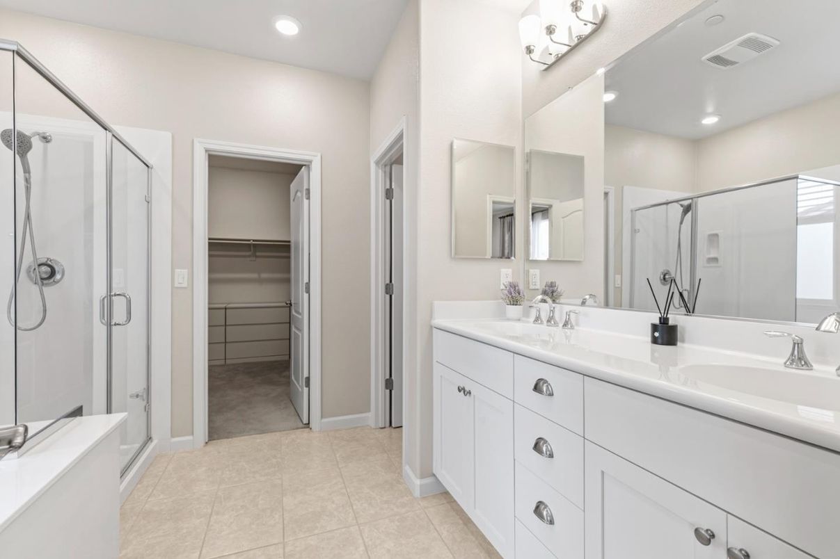 Bathroom, Dual Sink Vanities, Glass Shower, Interior, Recessed Lighting, Walk-in Closets