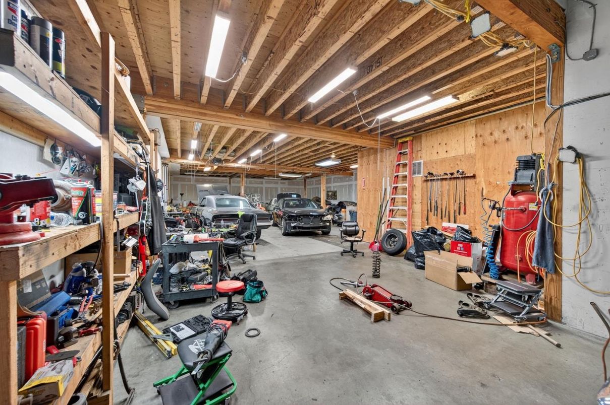 Garage, Interior, Recessed Lighting, Wooden Beams, Wooden Ceilings, Wooden Walls