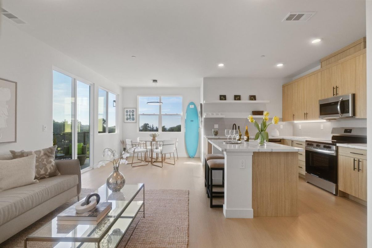 Dining room, Interior, Kitchen, Living room, Recessed Lighting, Stainless Steel Appliances, Wood Texture Flooring
