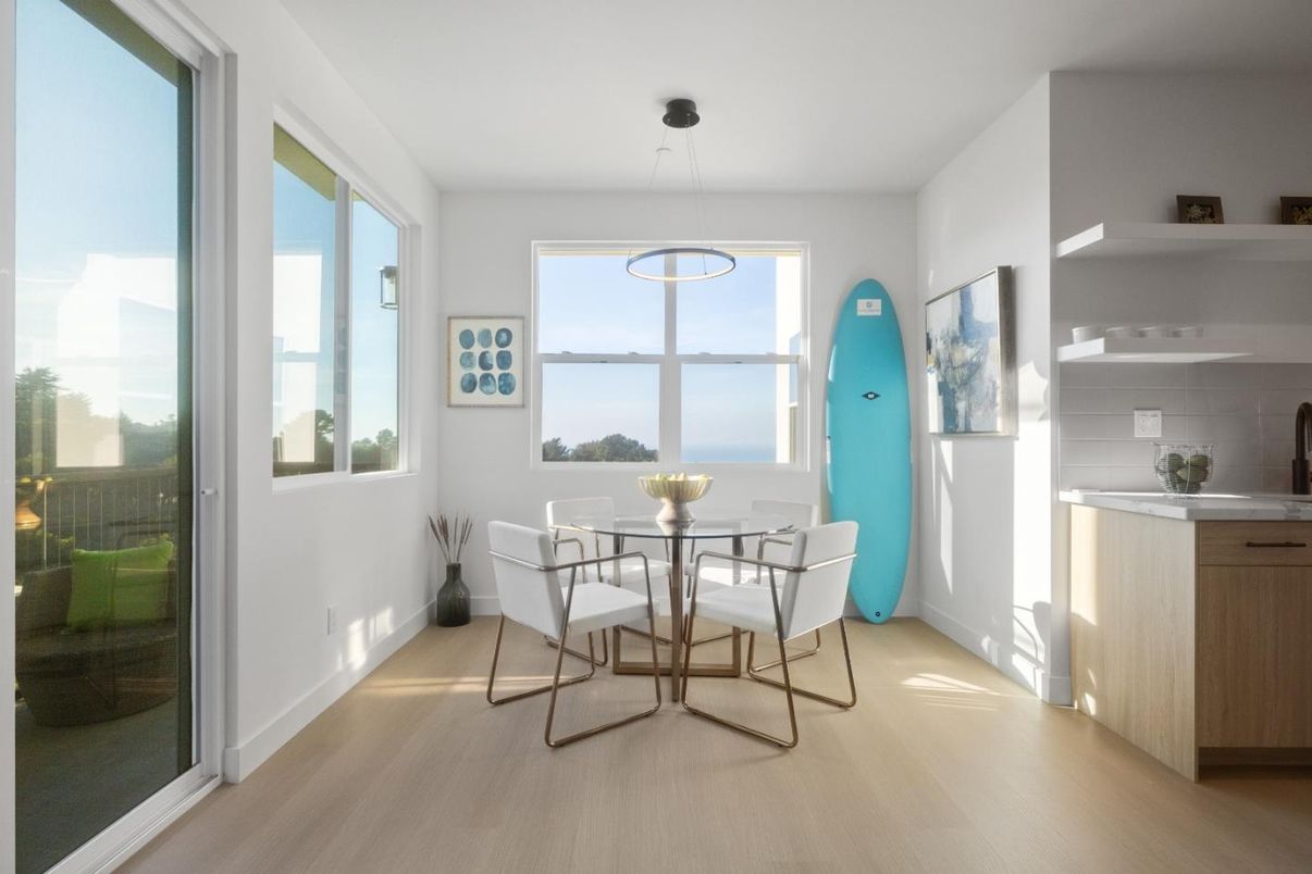 Dining room, Interior, Pendant Lights, Wood Texture Flooring
