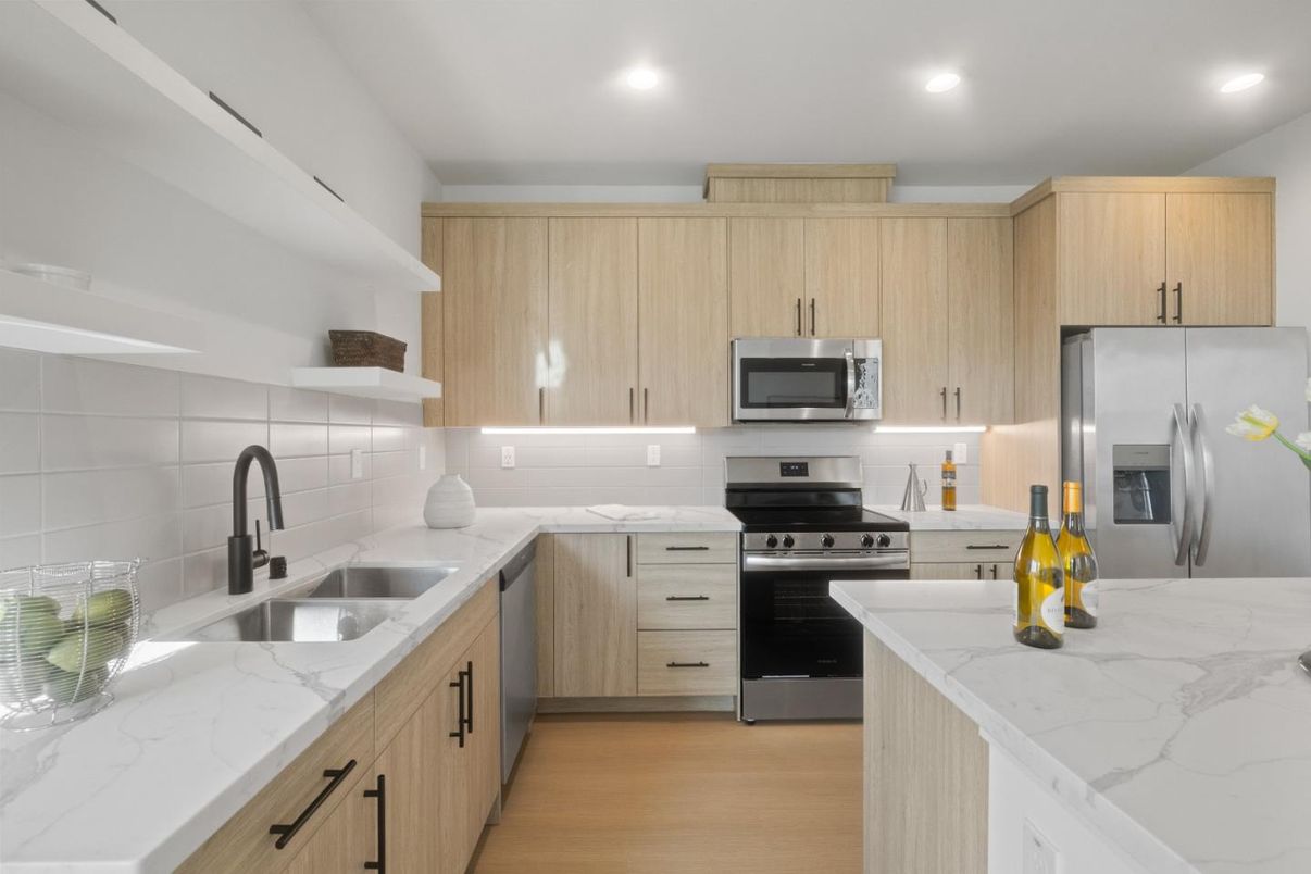 Interior, Kitchen, Recessed Lighting, Stainless Steel Appliances, Wood Texture Flooring