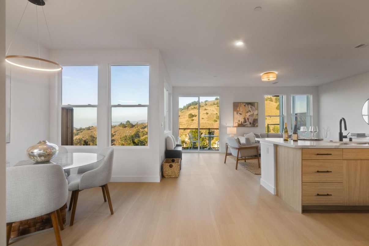 Dining room, Interior, Pendant Lights, Recessed Lighting, Wood Texture Flooring