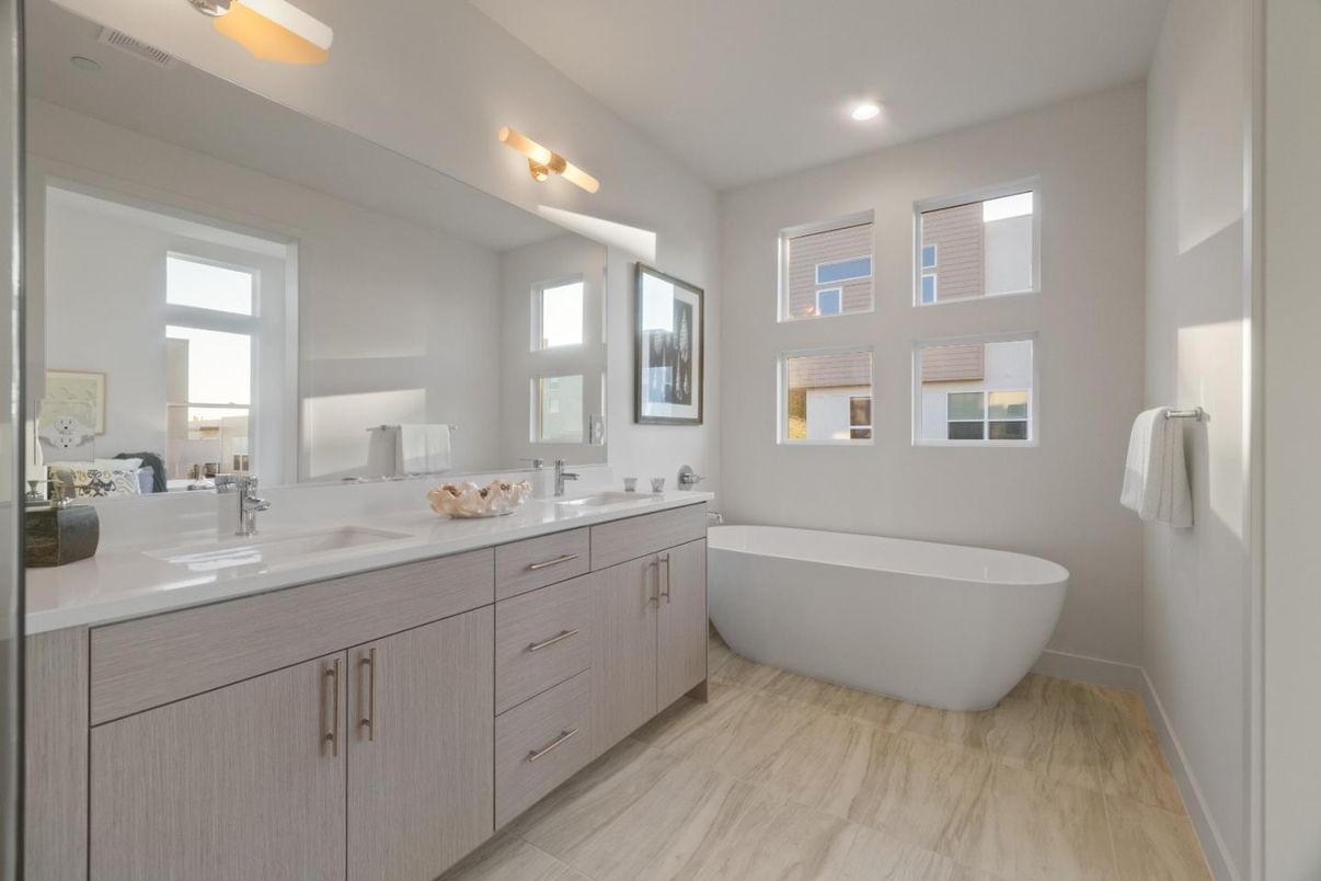 Bathroom, Dual Sink Vanities, Free Standing Baths, Interior, Recessed Lighting