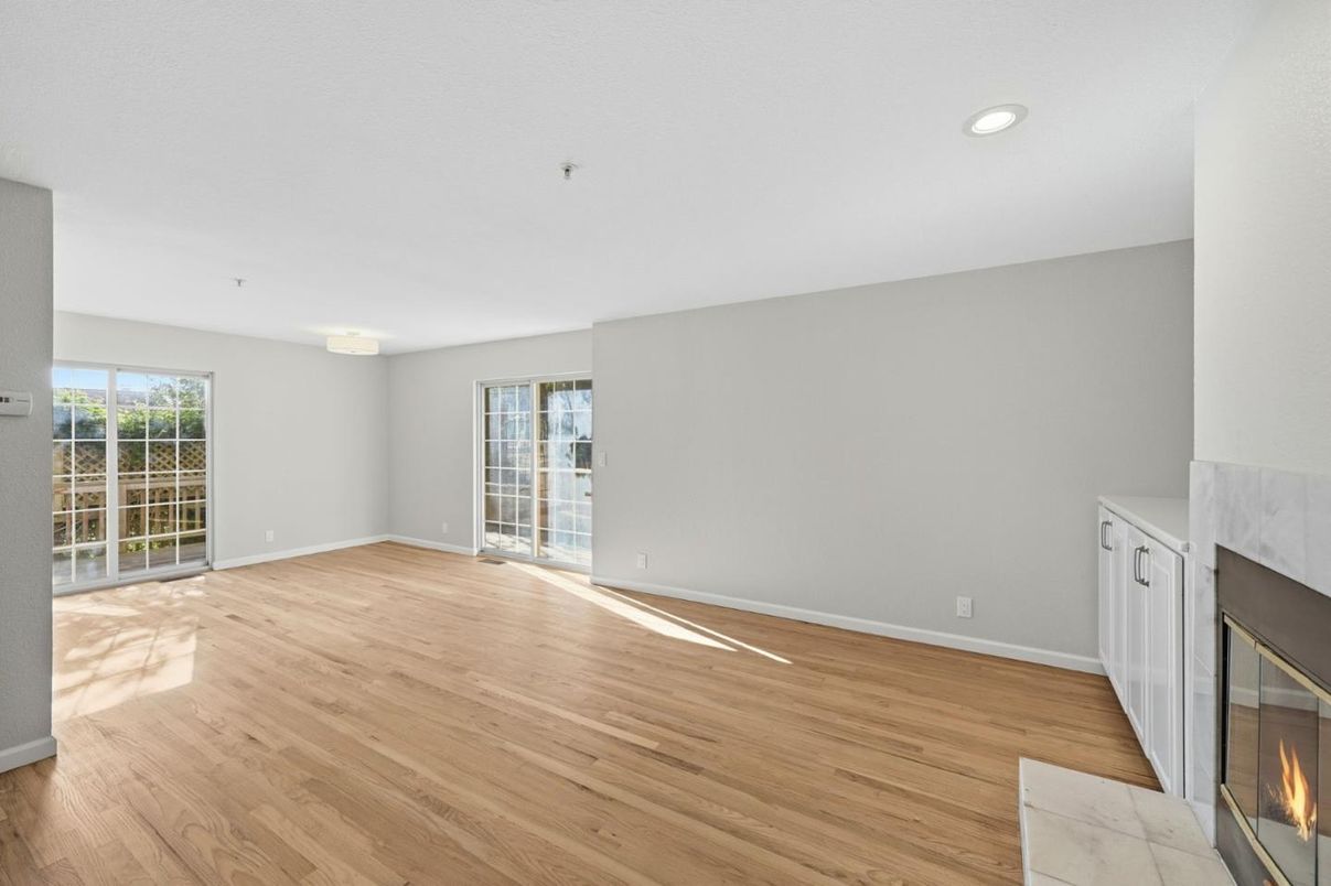 Empty room, Fireplace, Interior, Recessed Lighting, Wood Texture Flooring