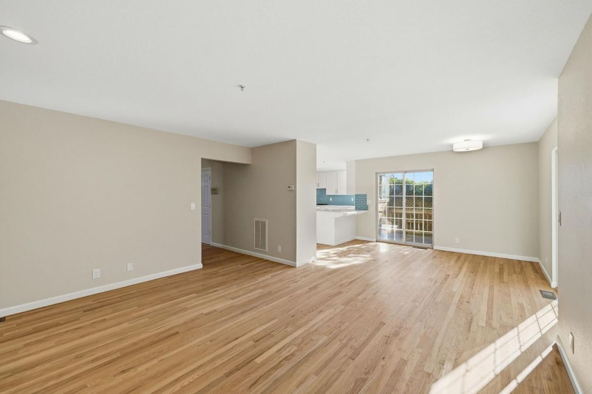 Empty room, Interior, Kitchen, Recessed Lighting, Wood Texture Flooring