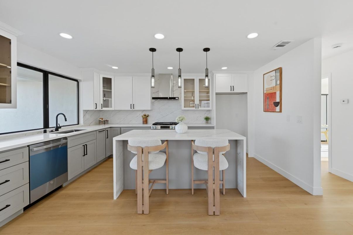 Interior, Kitchen, Pendant Lights, Recessed Lighting, Stainless Steel Appliances, Wood Texture Flooring