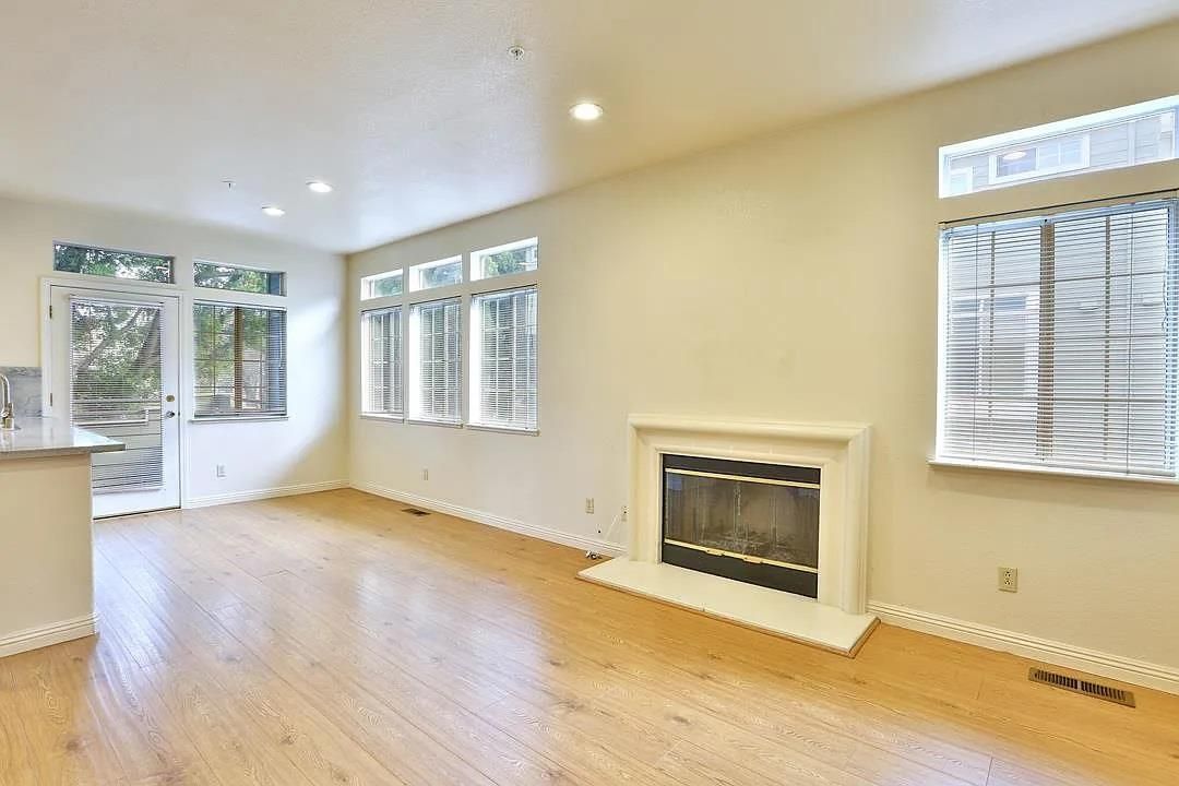 Empty room, Fireplace, Interior, Recessed Lighting, Wood Texture Flooring