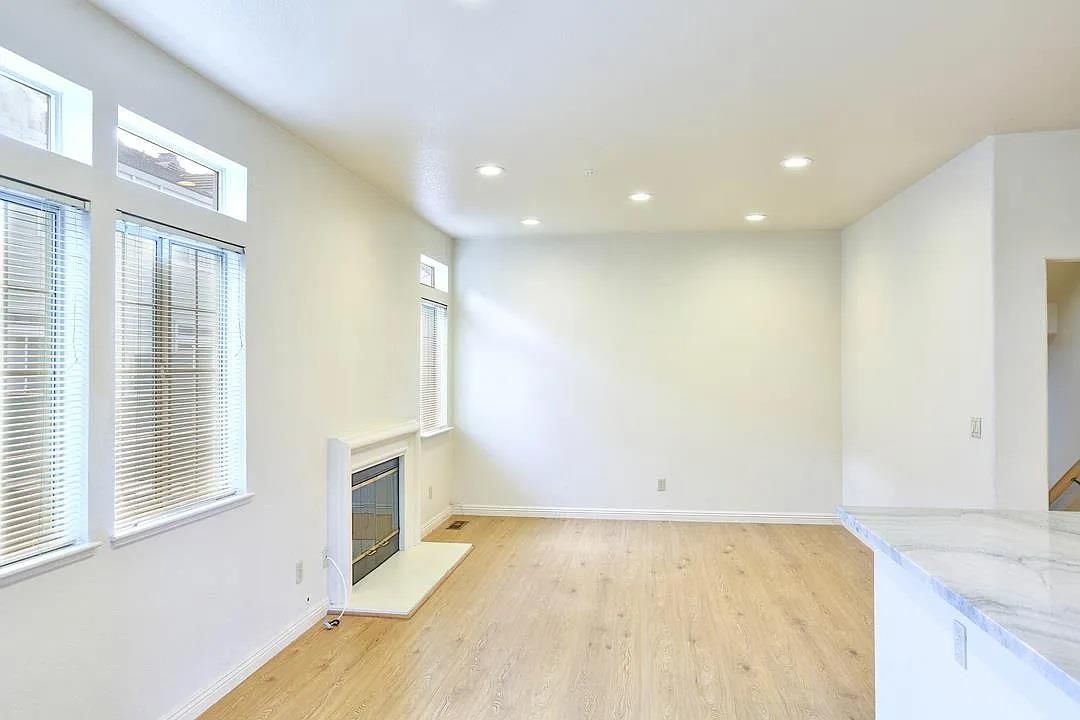 Empty room, Fireplace, Interior, Recessed Lighting, Wood Texture Flooring