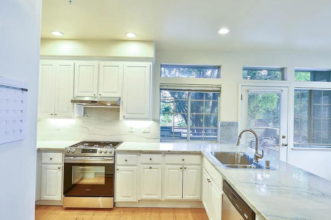 Interior, Kitchen, Recessed Lighting, Stainless Steel Appliances, Wood Texture Flooring