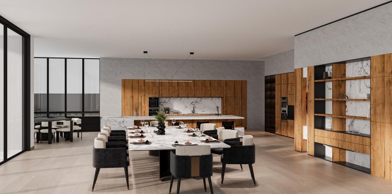 Dining room, Interior, Kitchen, Pendant Lights, Stainless Steel Appliances, Wood Texture Flooring