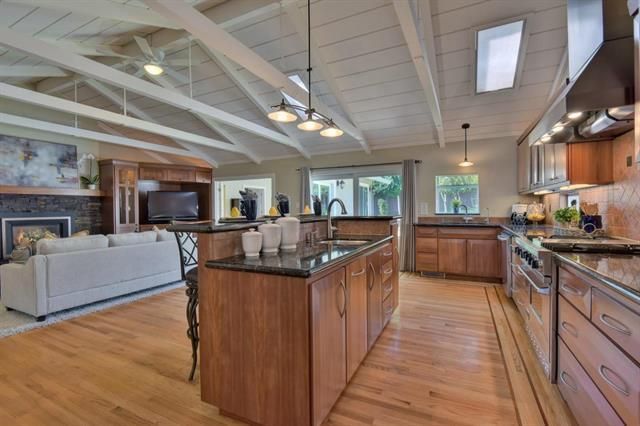 Fireplace, Interior, Kitchen, Living room, Pendant Lights, Wood Texture Flooring