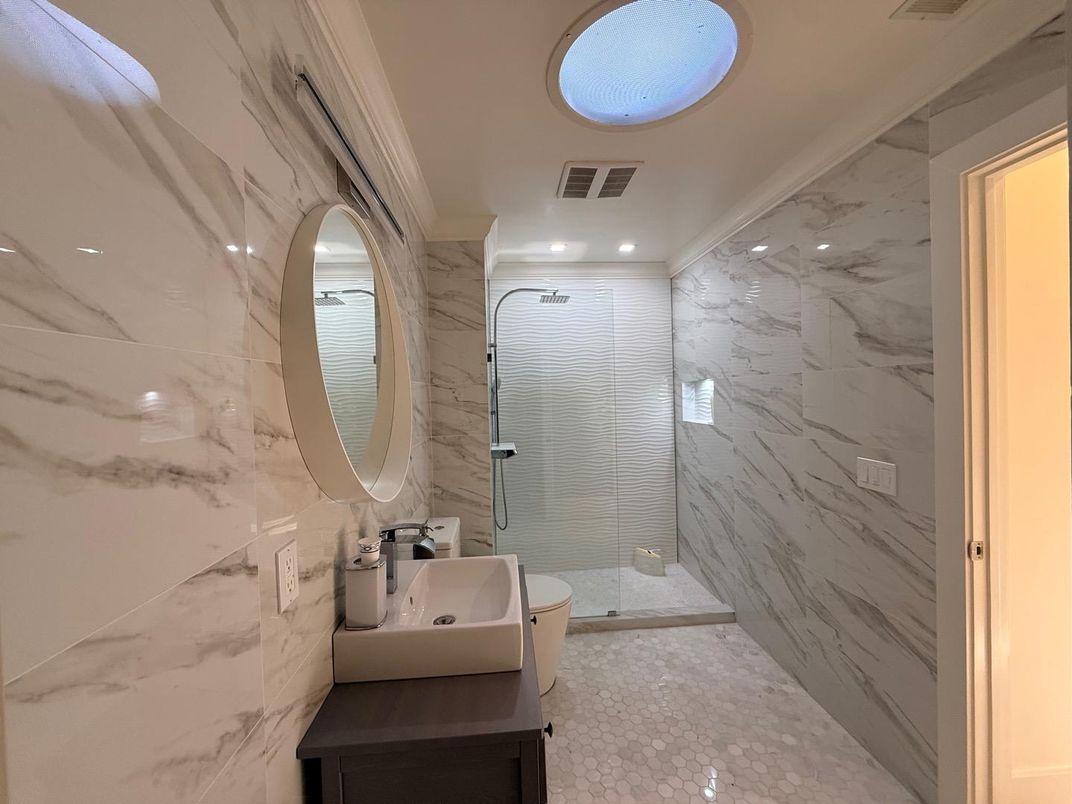 Bathroom, Glass Shower, Interior, Marble Walls, Recessed Lighting
