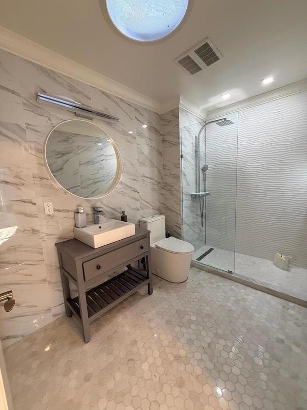 Bathroom, Glass Shower, Interior, Marble Walls, Recessed Lighting