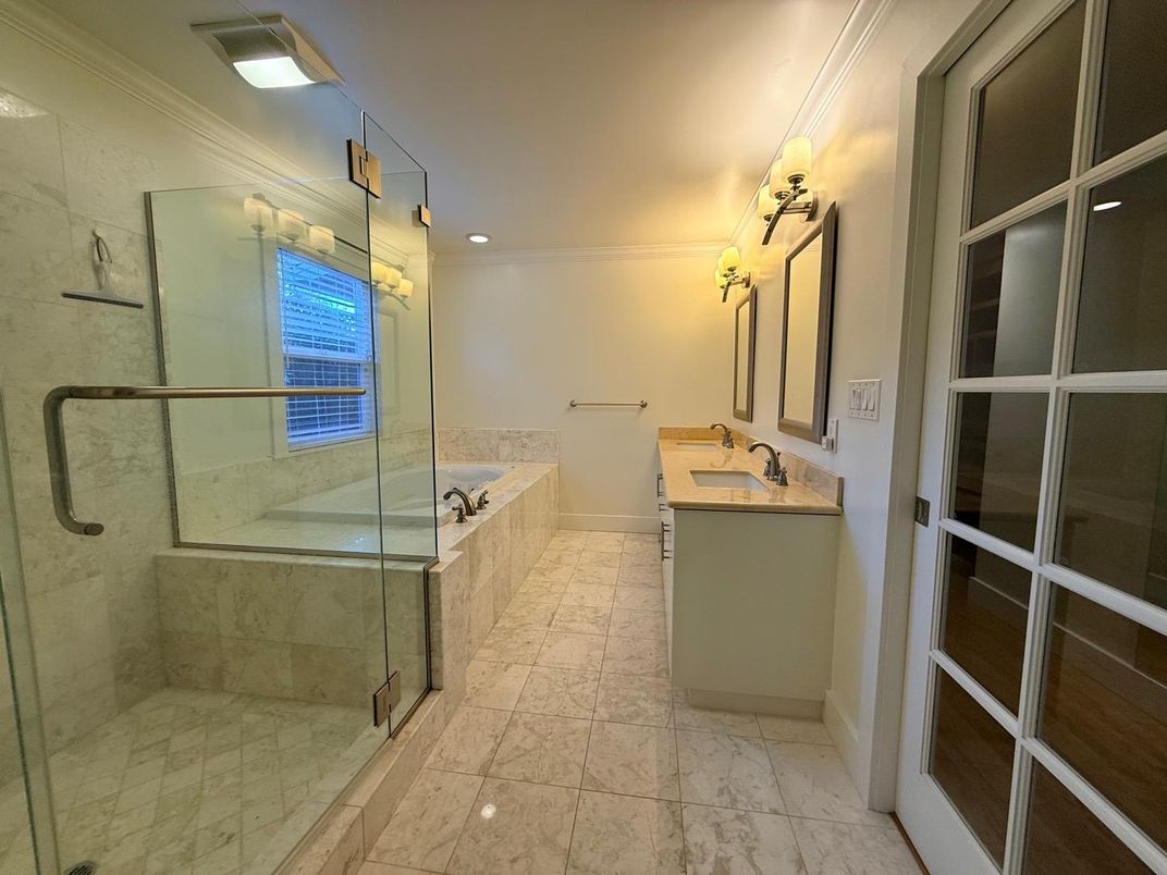 Bathroom, Dual Sink Vanities, Glass Shower, Interior, Marble, Recessed Lighting