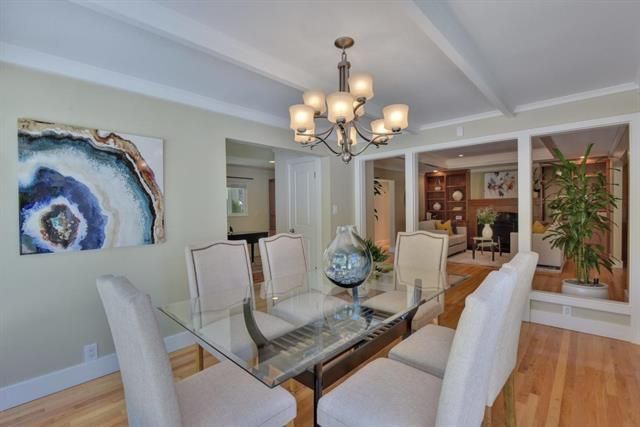 Chandelier, Dining room, Interior, Living room, Recessed Lighting, Wood Texture Flooring