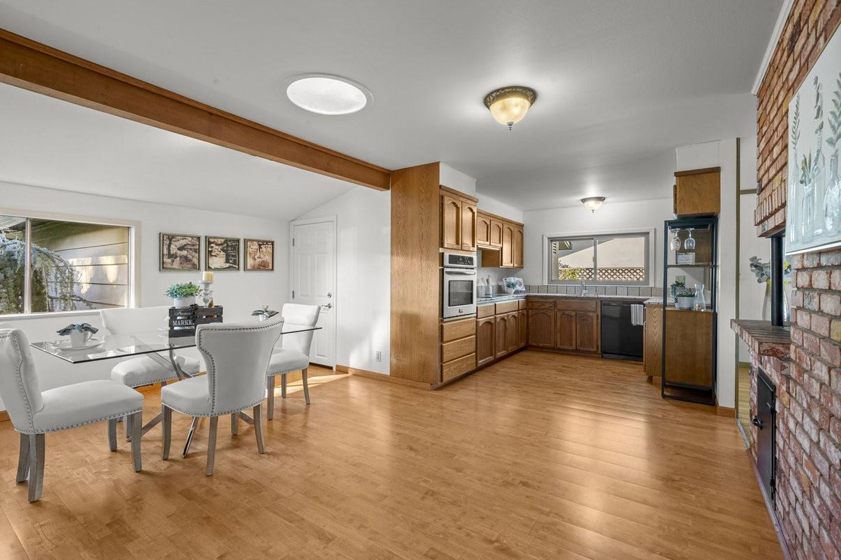 Dining room, Fireplace, Interior, Kitchen, Wooden Beams, Wood Texture Flooring