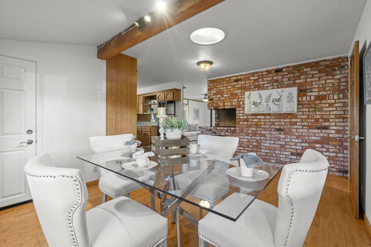 Dining room, Interior, Stone Walls, Wood Texture Flooring