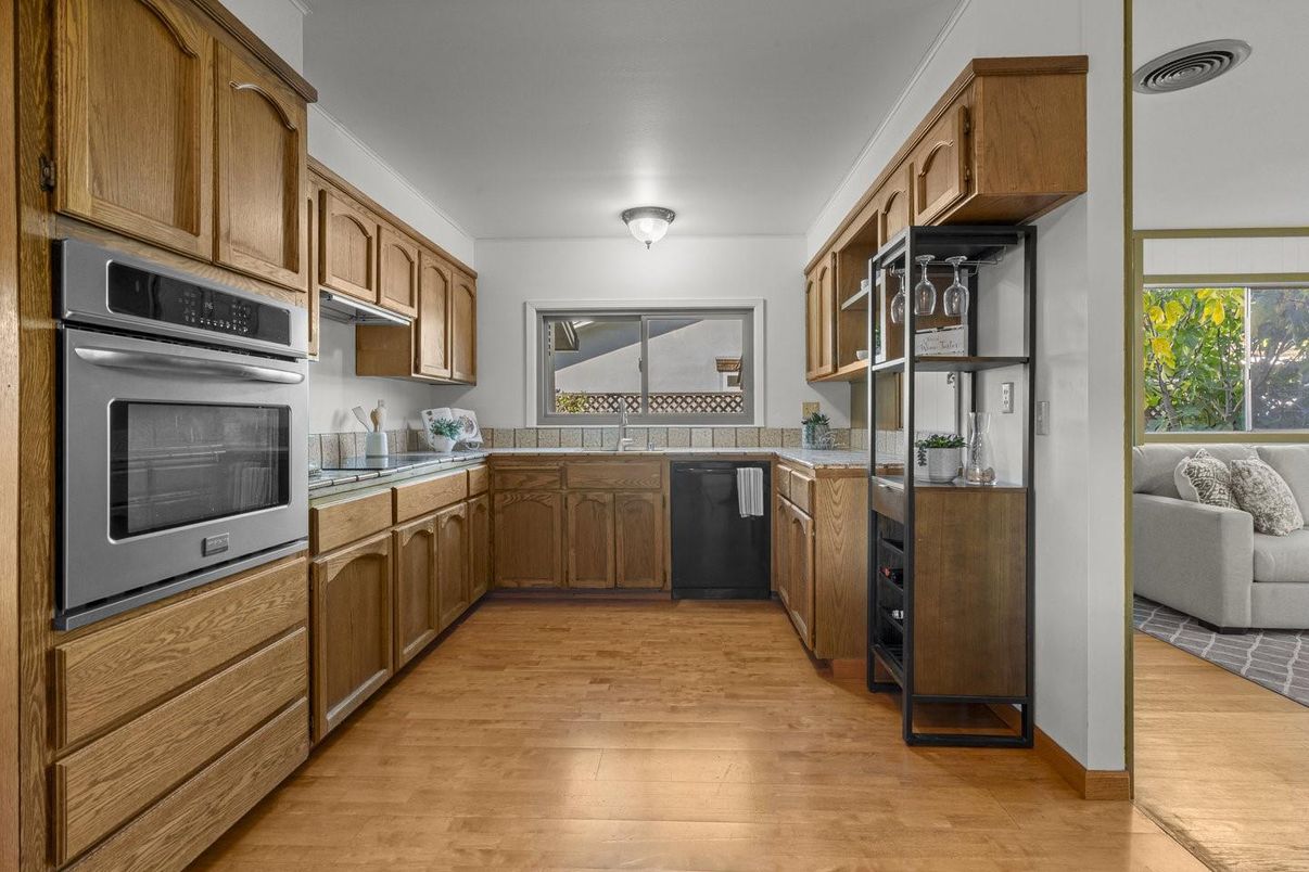 Interior, Kitchen, Tile Countertops, Wood Texture Flooring