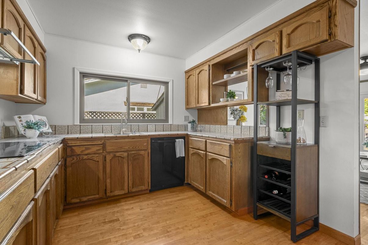 Interior, Kitchen, Tile Countertops, Wood Texture Flooring