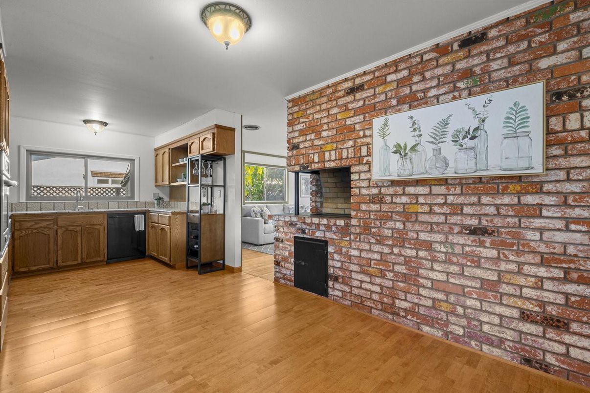 Fireplace, Interior, Kitchen, Stone Walls, Wood Texture Flooring