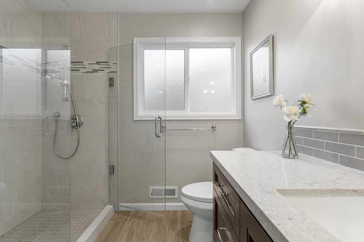 Bathroom, Glass Shower, Interior, Wood Texture Flooring