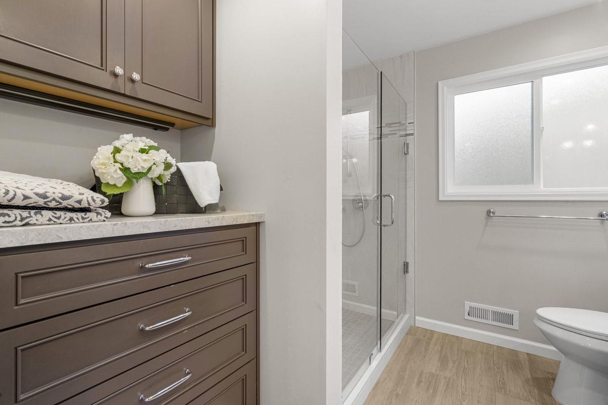 Bathroom, Glass Shower, Interior, Wood Texture Flooring