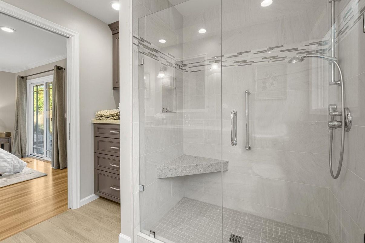 Bathroom, Glass Shower, Interior, Recessed Lighting, Wood Texture Flooring