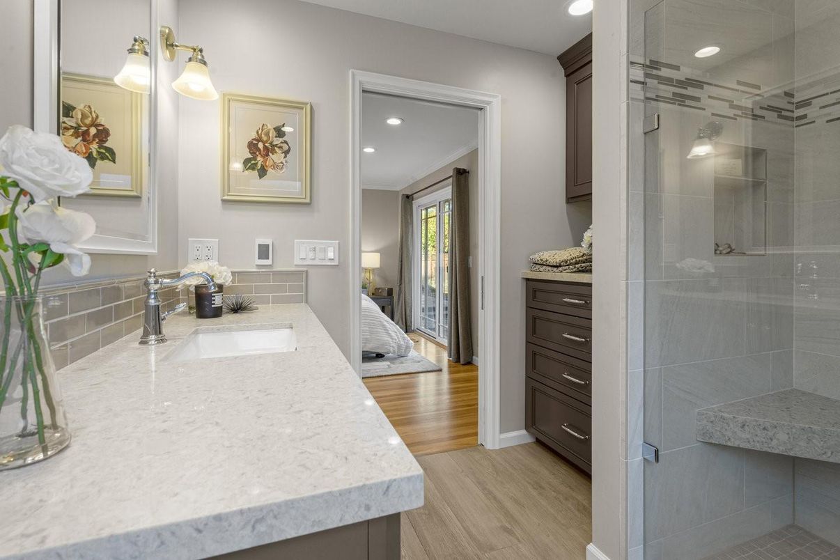 Bathroom, Glass Shower, Interior, Recessed Lighting, Wood Texture Flooring