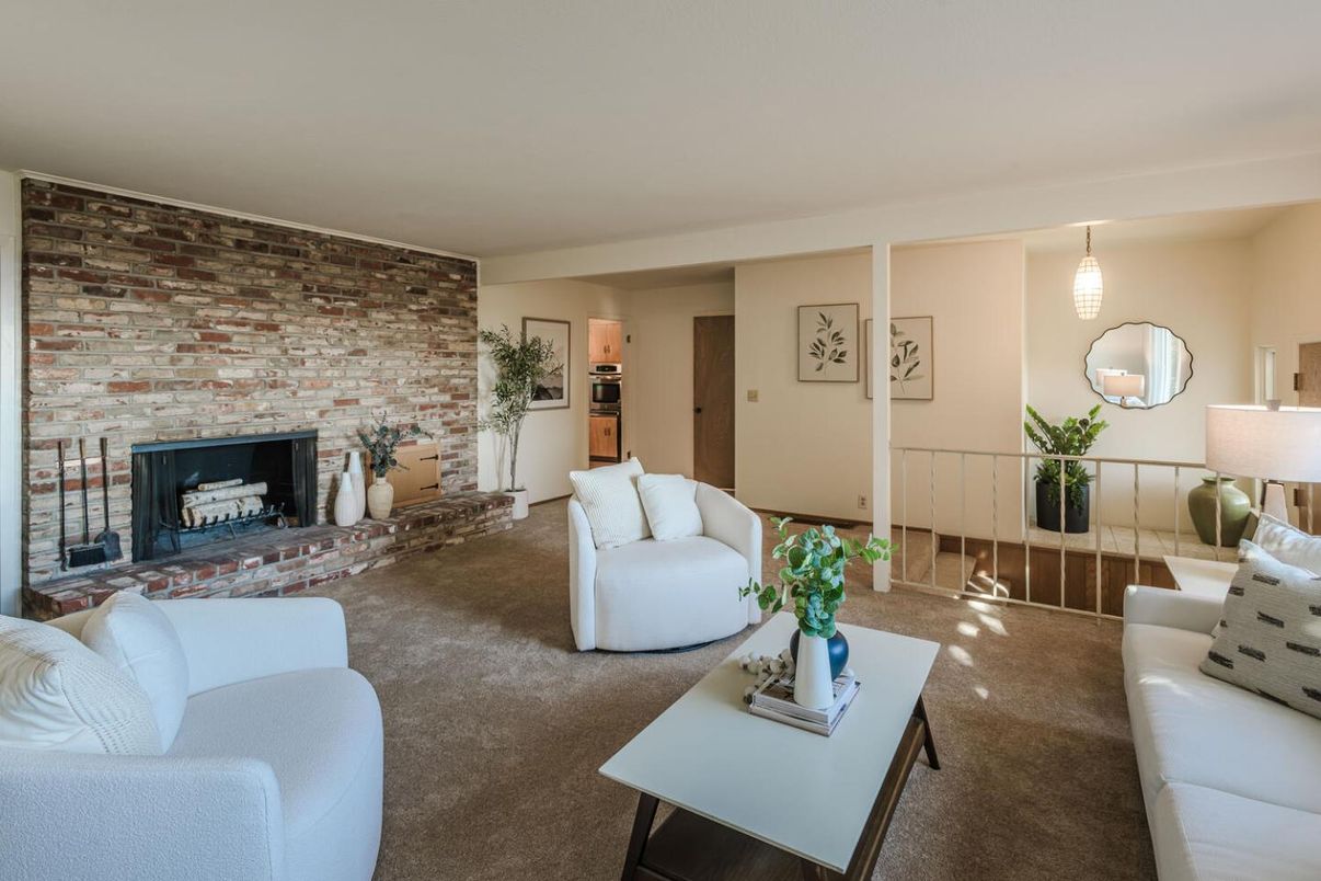 Fireplace, Interior, Living room, Pendant Lights, Stone Walls