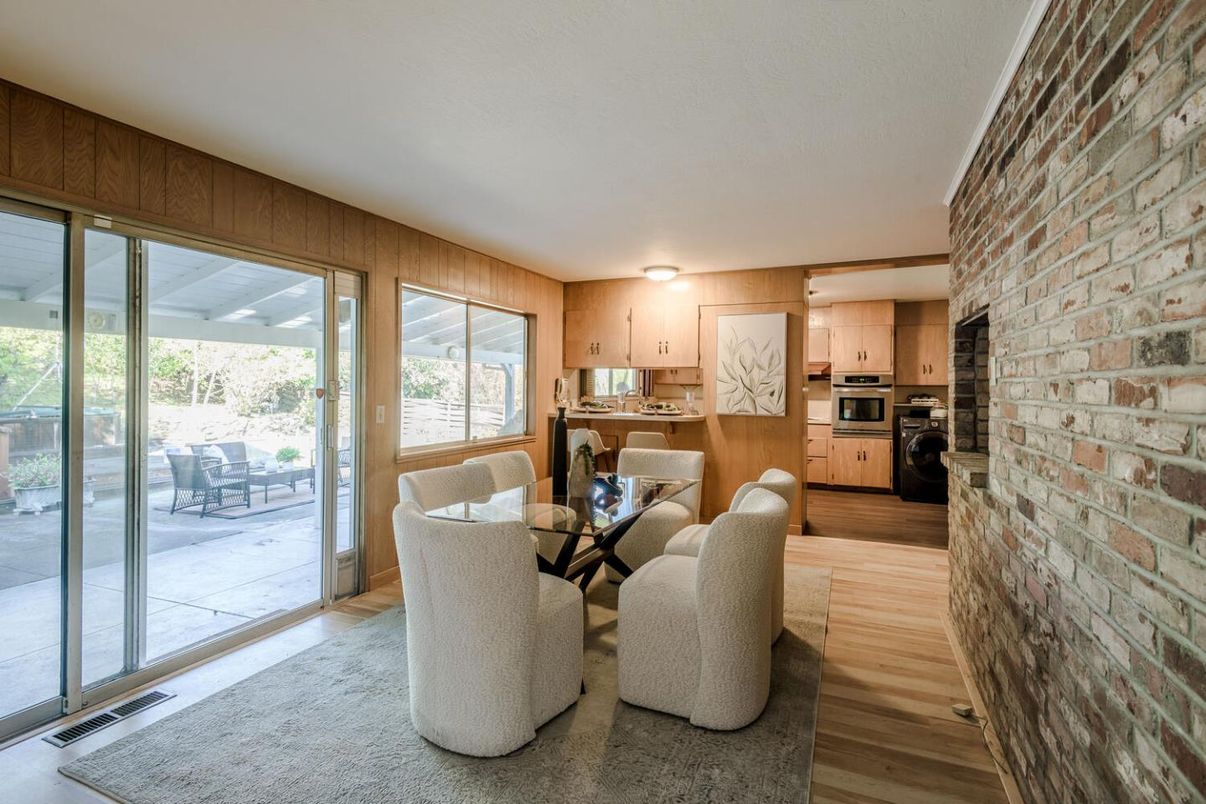 Dining room, Interior, Kitchen, Stainless Steel Appliances, Stone Walls, Wood Texture Flooring
