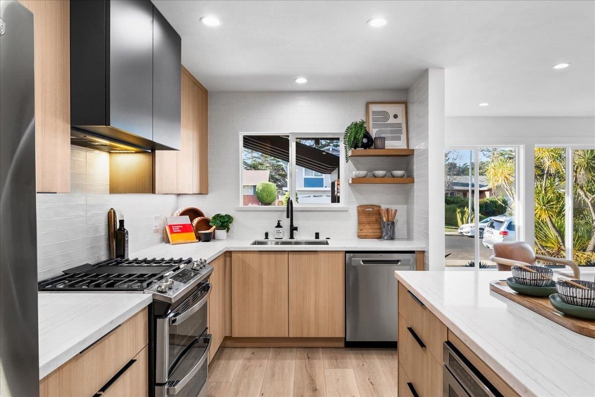 Interior, Kitchen, Recessed Lighting, Stainless Steel Appliances, Wood Texture Flooring