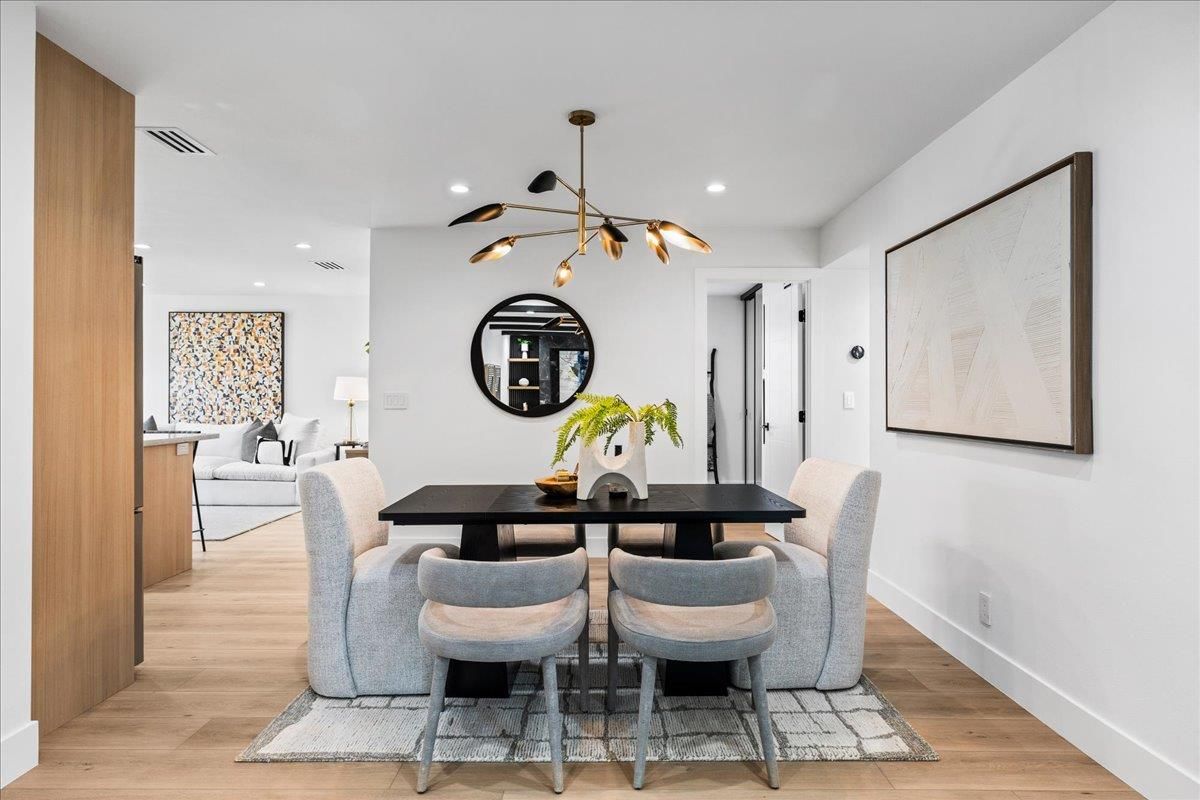 Dining room, Interior, Pendant Lights, Recessed Lighting, Wood Texture Flooring