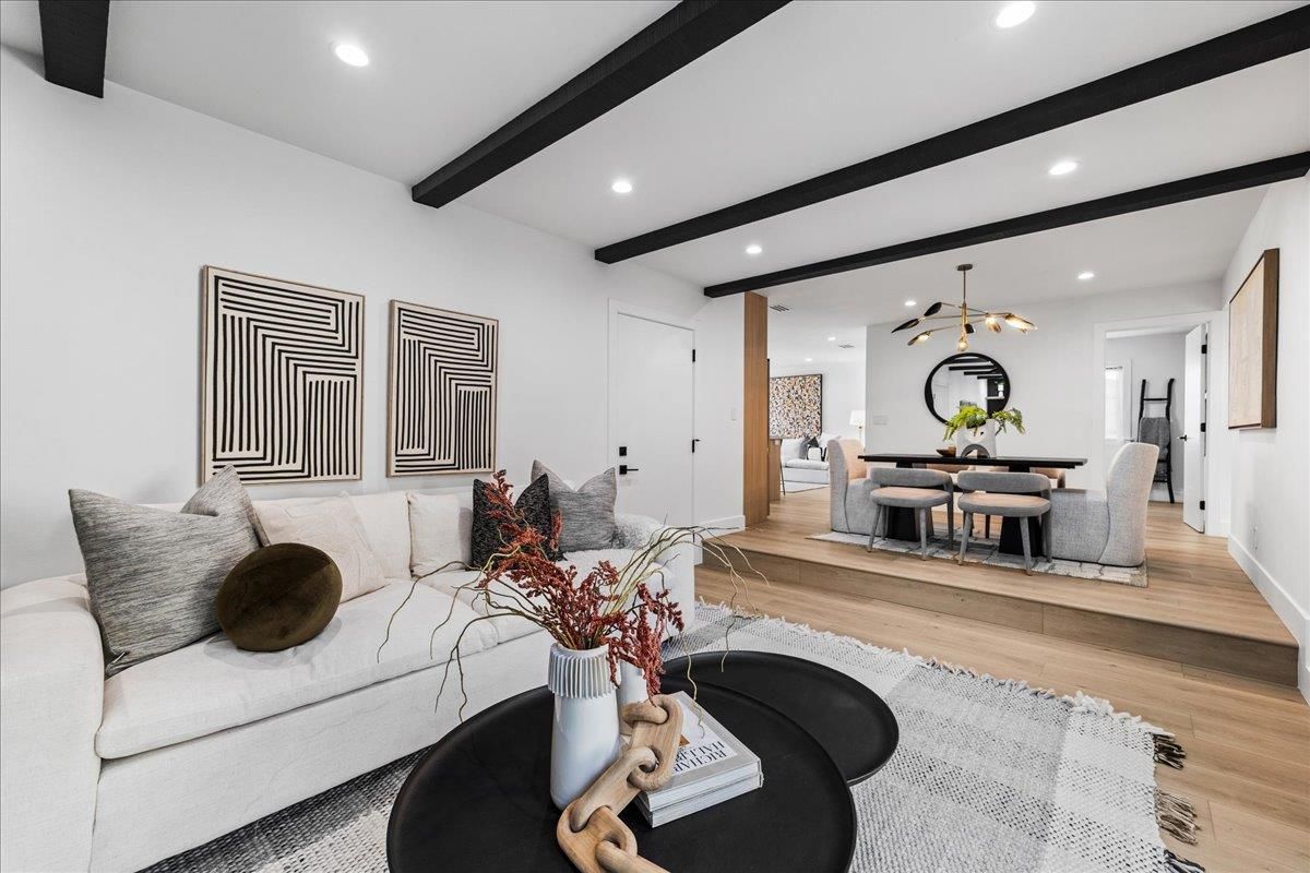 Dining room, Interior, Living room, Pendant Lights, Recessed Lighting, Wooden Beams, Wood Texture Flooring