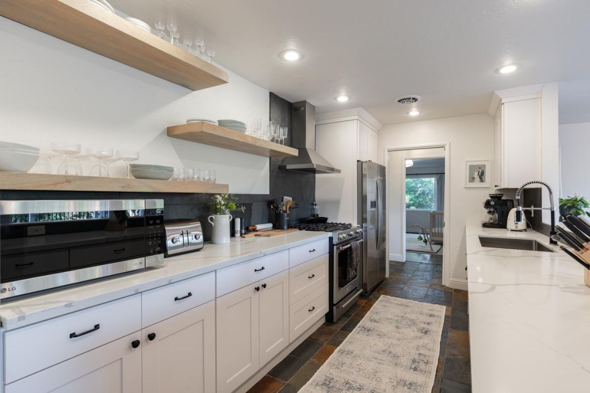 Interior, Kitchen, Recessed Lighting, Stainless Steel Appliances, Wood Texture Flooring