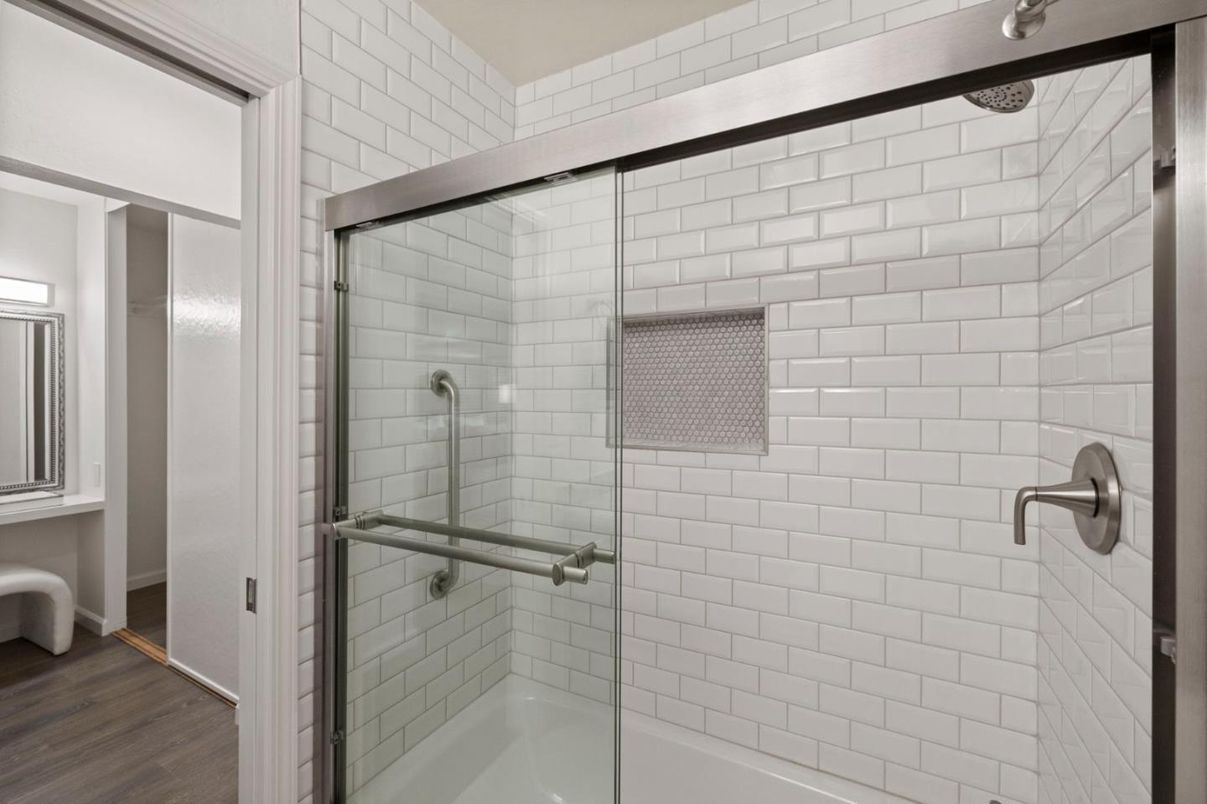 Bathroom, Glass Shower, Interior, Wood Texture Flooring